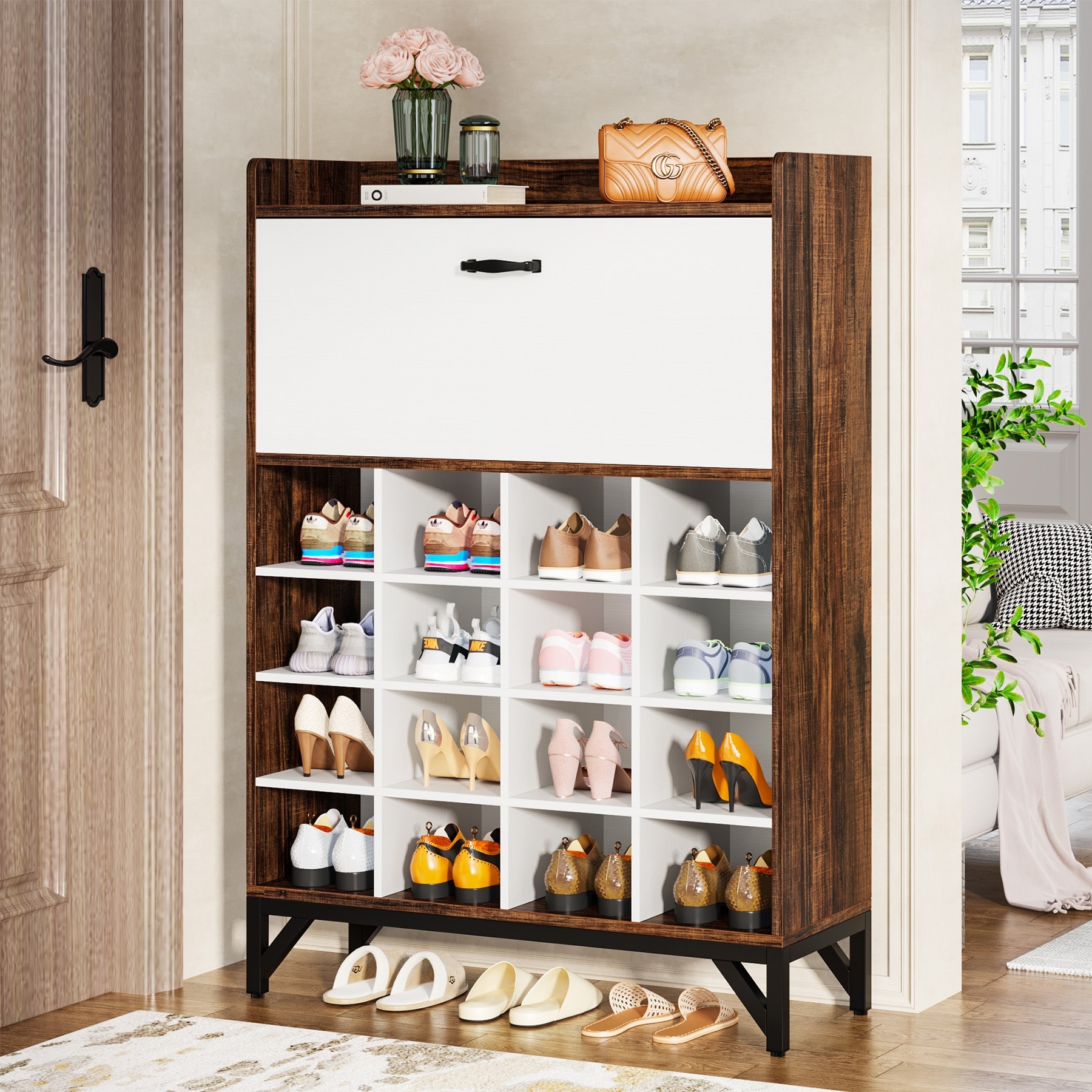 Freestanding Shoe Storage Cabinet for Entryway Wooden Narrow Shoe Rack Organizer