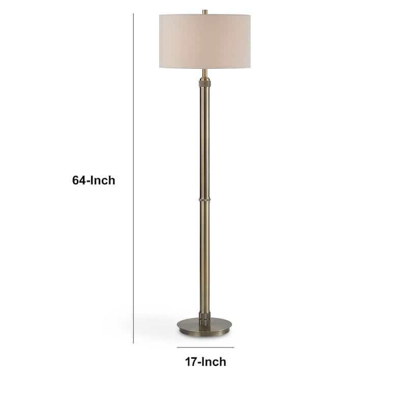 Modern Floor Lamp, White Linen Drum Shade, Brass Metal Pole, Round Base