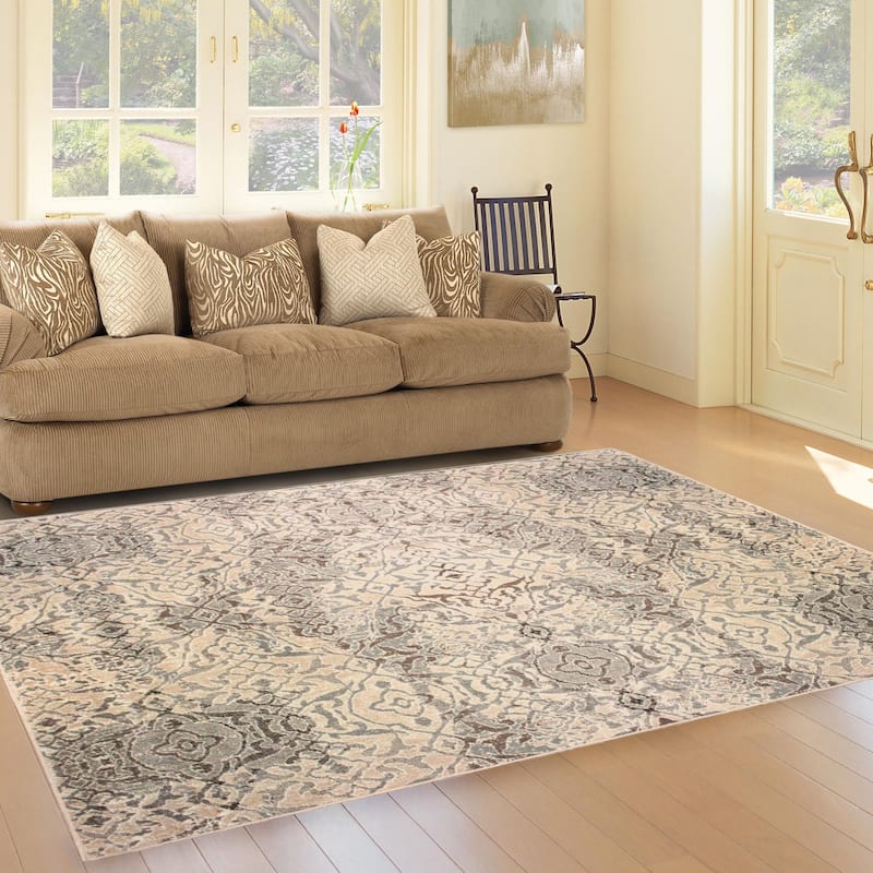 Superior Modern Oriental Damask Polypropylene Indoor Area Rug - 4' x 6' - Beige