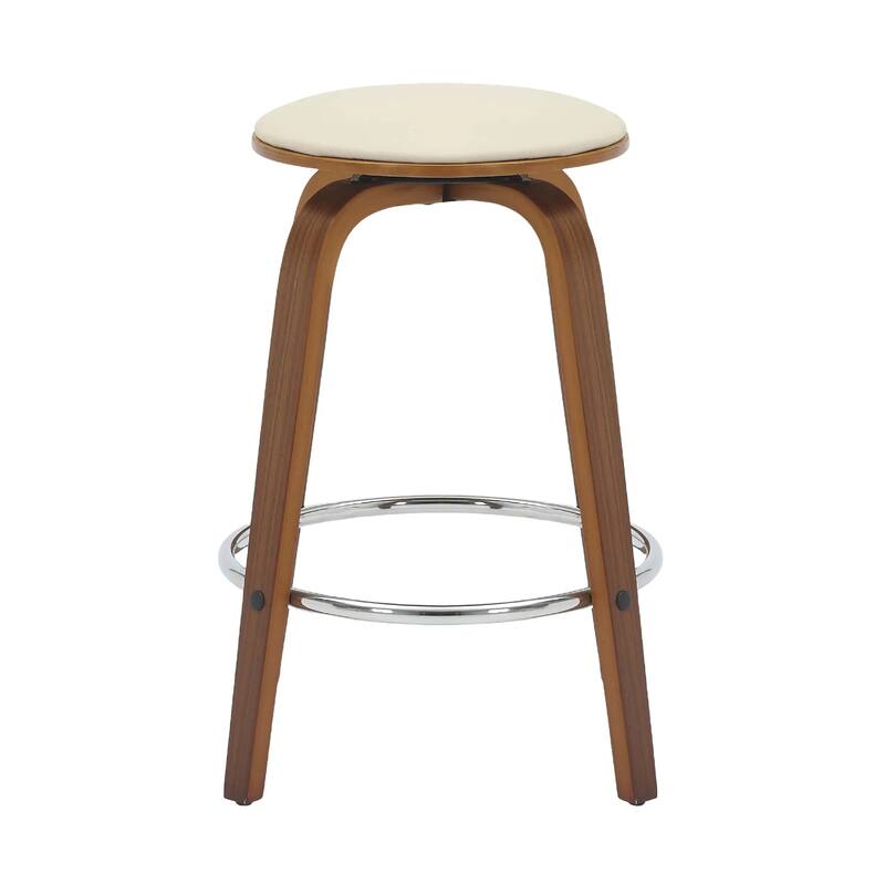 Pelya Leather Swivel Round Counter Stool with Wood Legs and Chrome Footrest for Kitchen Island or Dining Area Set of 2