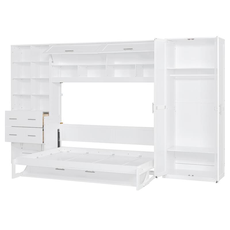 Full Size Wall Bed with Closet, Drawers, and Shelves in White