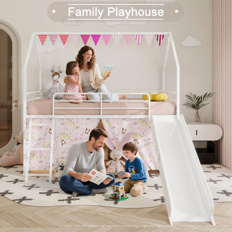 Metal Junior House Twin Loft Bed with Slide and Curtain Set and Pennant Banner Flag and Star Stickers