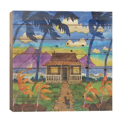 Tropical Hut With Cat Print On Wood by Robin Wethe Altman - Multi-Color