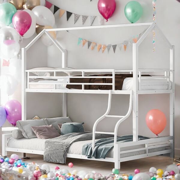slide 2 of 11, Contemporary Design Twin over Full Metal House Bunk Bed, Safety and Convenience, Stability and Durability, Space-saving, White
