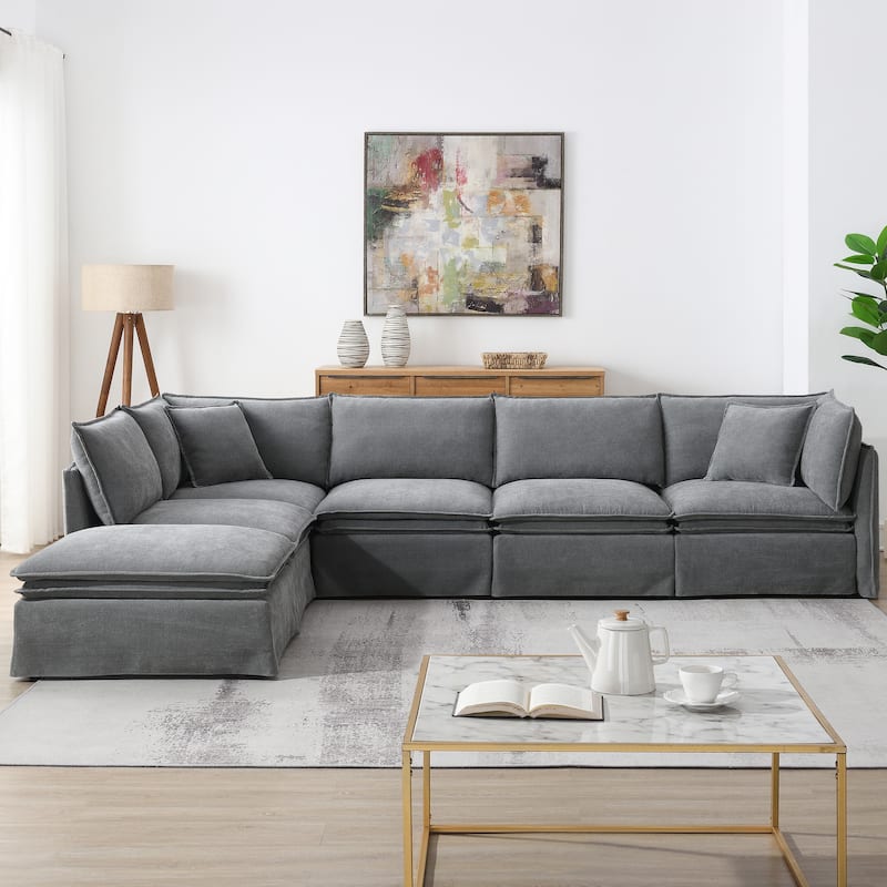 6-Seater Oversized Chenille Couch with Movable Ottoman by Harper&Bright Designs - Light Gray
