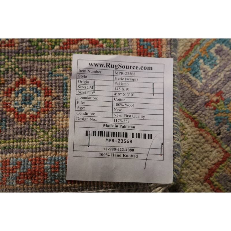 Vegetable Dye Heriz Serapi Oriental Rug Hand-Knotted Grey Wool Carpet - 3'0"x 4'9"