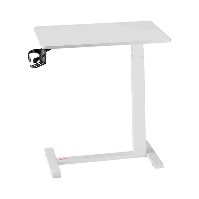 White Wood Hydraulic Adjustable Overbed Table with Tilting Top and Cup Holder - White