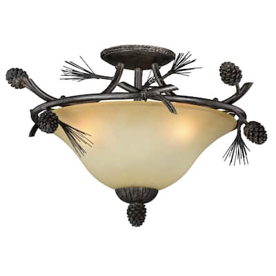 Sierra 18-in W Bronze Rustic Pinecone Bowl Semi Flush Mount Ceiling Light Cream Glass - 18-in W x 13-in H x 18-in D