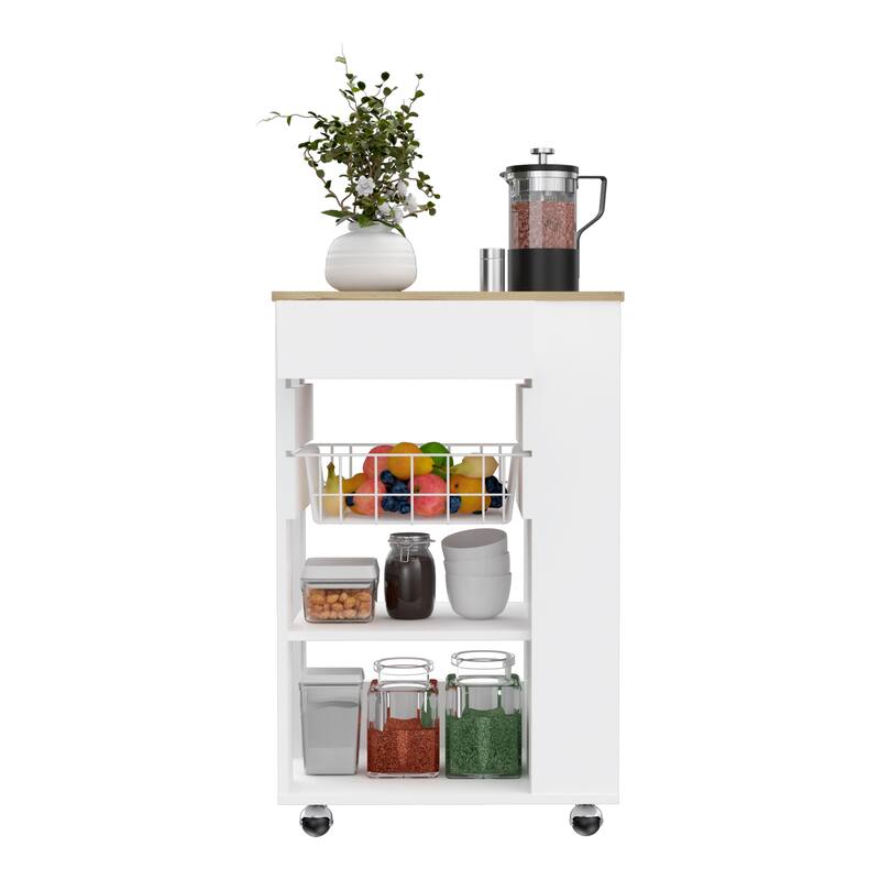 Kitchen Cart, 1 Drawer & 2 Open Shelves, 4 Casters, White & Light Oak - Mobile Storage Rack