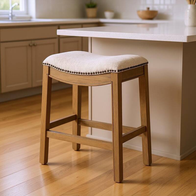 HomeRoots 26" Beige and Brown Fabric and Solid Wood Backless Counter Height Bar Chair - Counter Height - Beige - Single