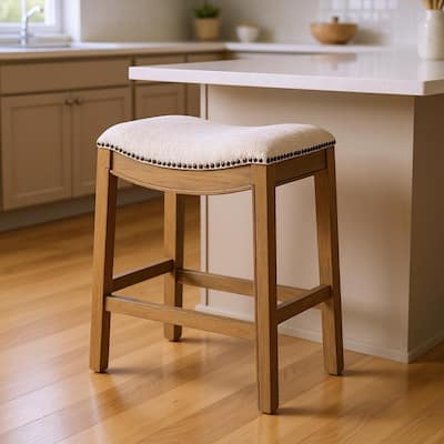 HomeRoots 26" Beige and Brown Fabric and Solid Wood Backless Counter Height Bar Chair