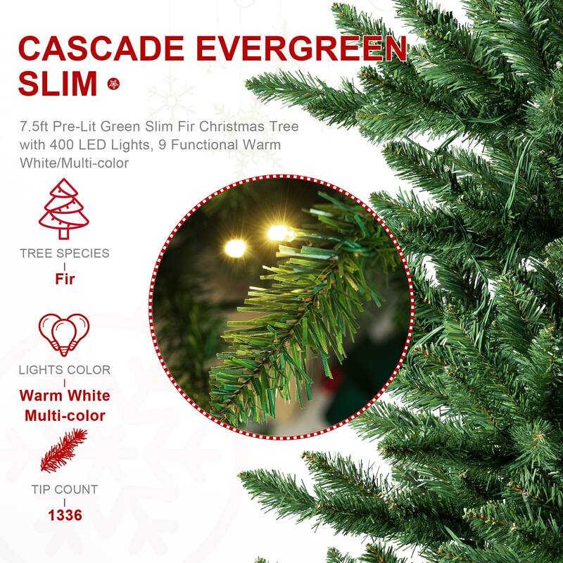 Glitzhome 7.5ft Pre-Lit Green Slim Fir Christmas Tree with 400 LED Lights