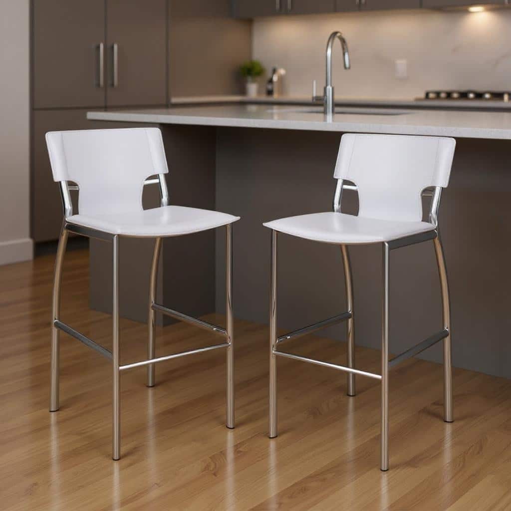 HomeRoots Set of Two 25" White and Silver Faux Leather and Metal Low Back Counter Height Bar Chairs