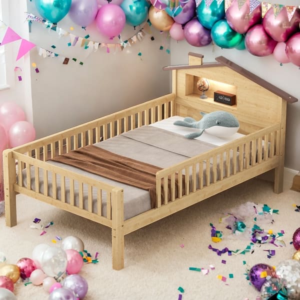 slide 2 of 9, Twin Size Wood Platform Bed with House-shaped Headboard, LED, and Built-in Storage, Natural Natural