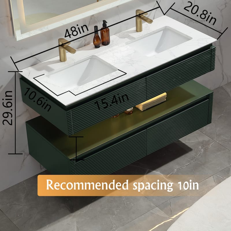 Modland 36''/48'' Floating Bathroom Vanity with ETL-Certified LED Lighting, Soft-Close Drawers & Waterproof, Green