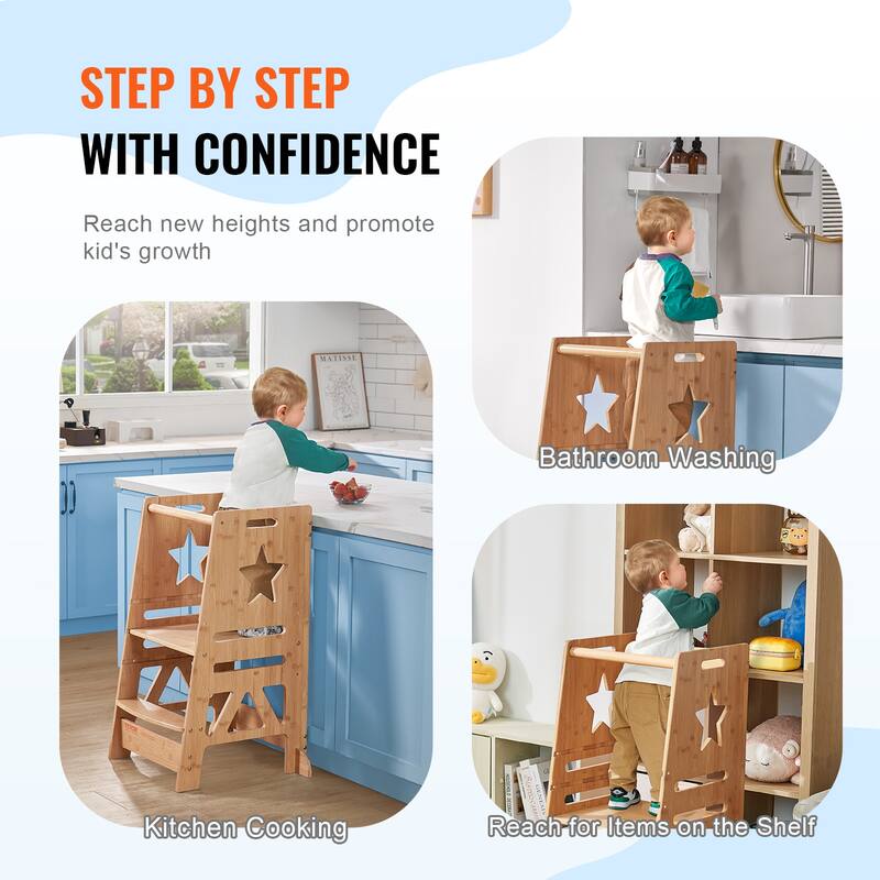 VEVOR Tower Step Stool, 3-Level Height Adjustable Toddler Step Stools for Kids, Stool with Safety Rail