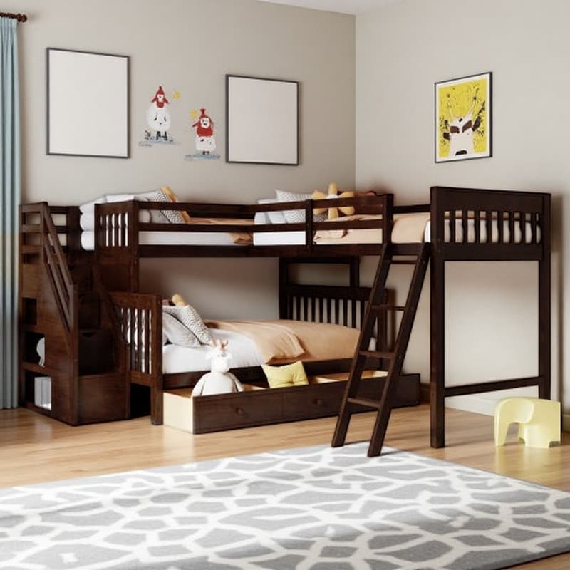 Twin Over Full L-Shaped Bunk Bed with Storage Staircase, 3 Drawers and Shelves, Guardrails and Ladder