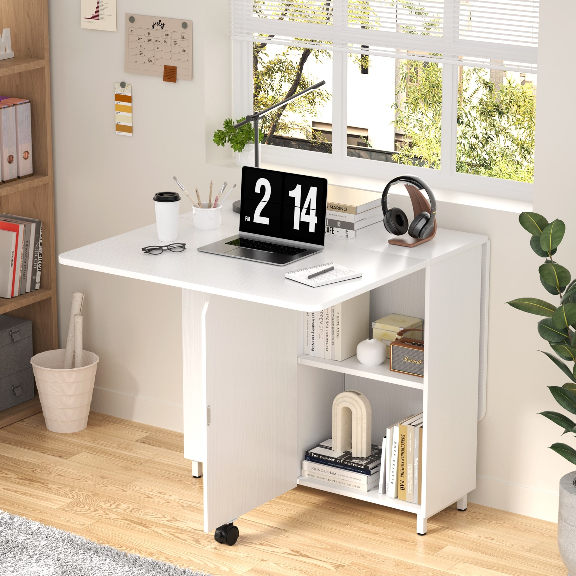 Modern Farmhouse Foldable Dining Table with Storage Cabinet