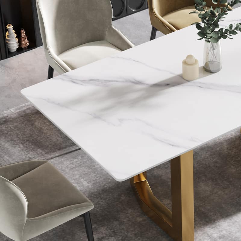 63"Modern artificial stone white straight edge metal leg dining table -6 people