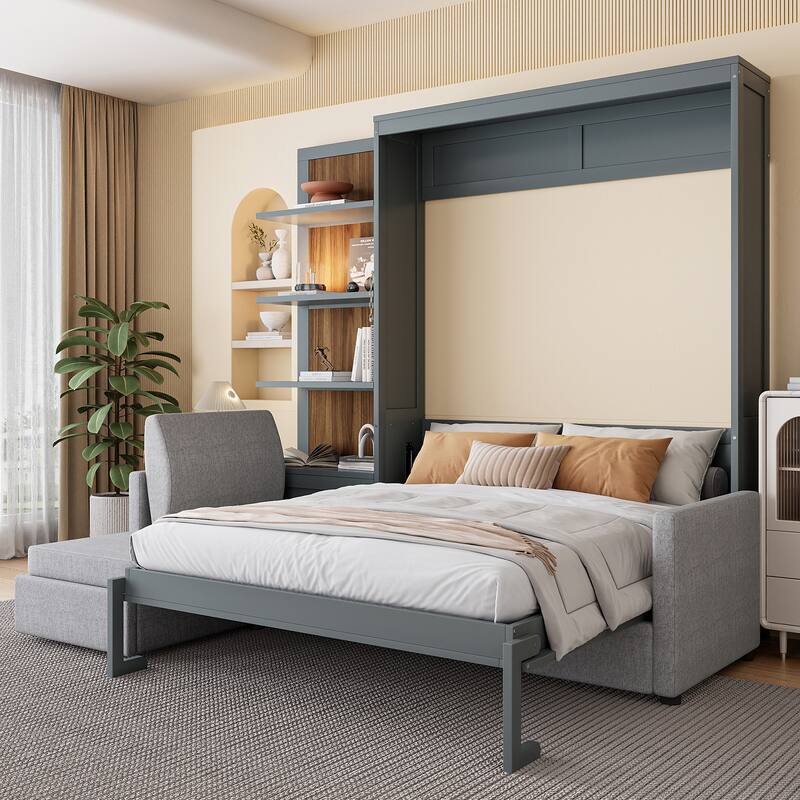 Queen Murphy Bed with Built-in Sofa, Shelves & Space-Saving Design