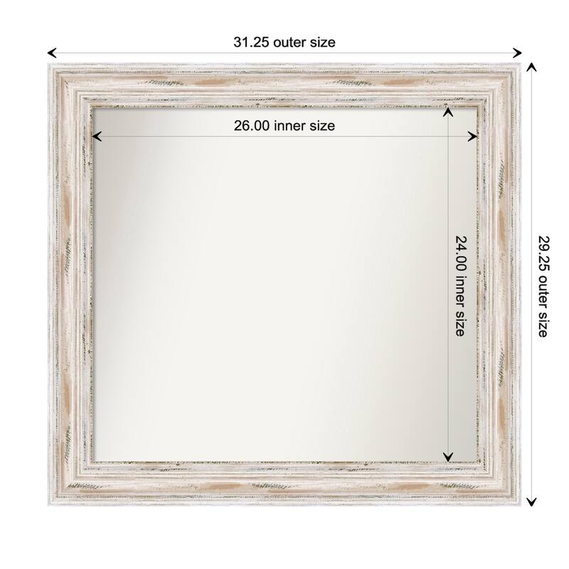 Alexandria White Wash Framed Non-Beveled Custom Wall Mirror, Bathroom Vanity Mirror - Outer Size: 31.25 x 29.25