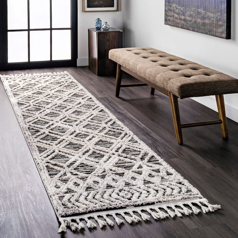 Nuloom Ansley Moroccan Lattice Tassel Area Rug - 2'6" x 12' Runner - Grey - Runner
