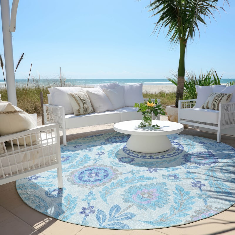 Machine Washable Indoor/ Outdoor Chantille Suzani Boho Rug - Sky - 8' x 8'