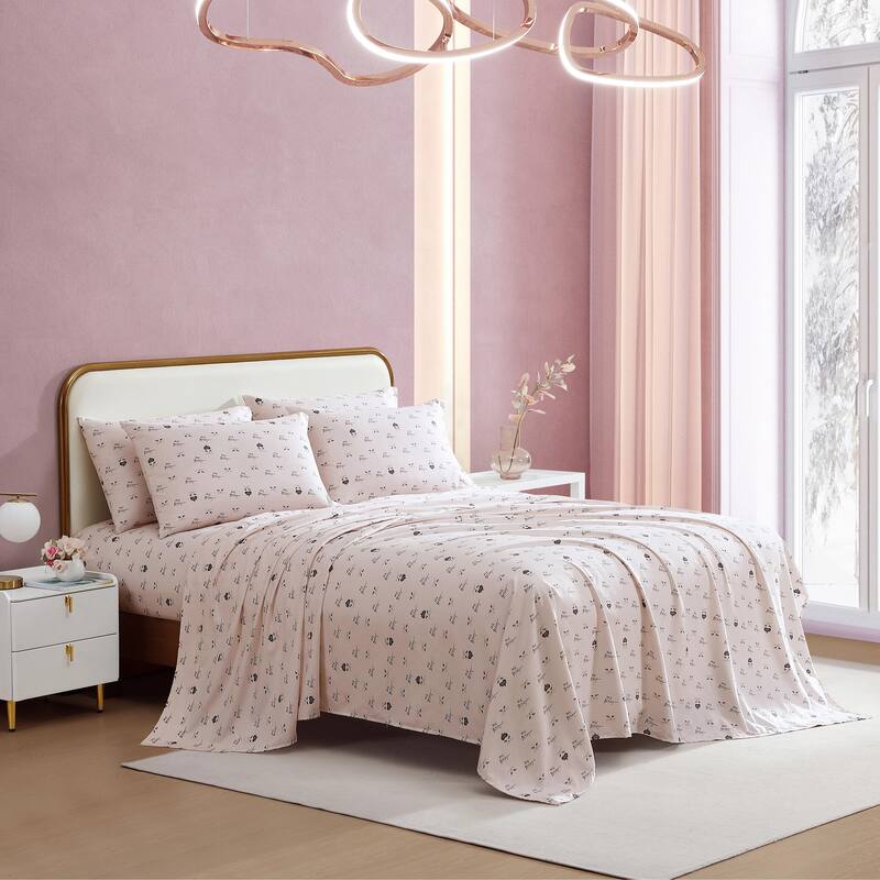 Betsey Johnson Printed Cozy Bonus Sheet Set - Xox Bling Kitty Pink - Queen