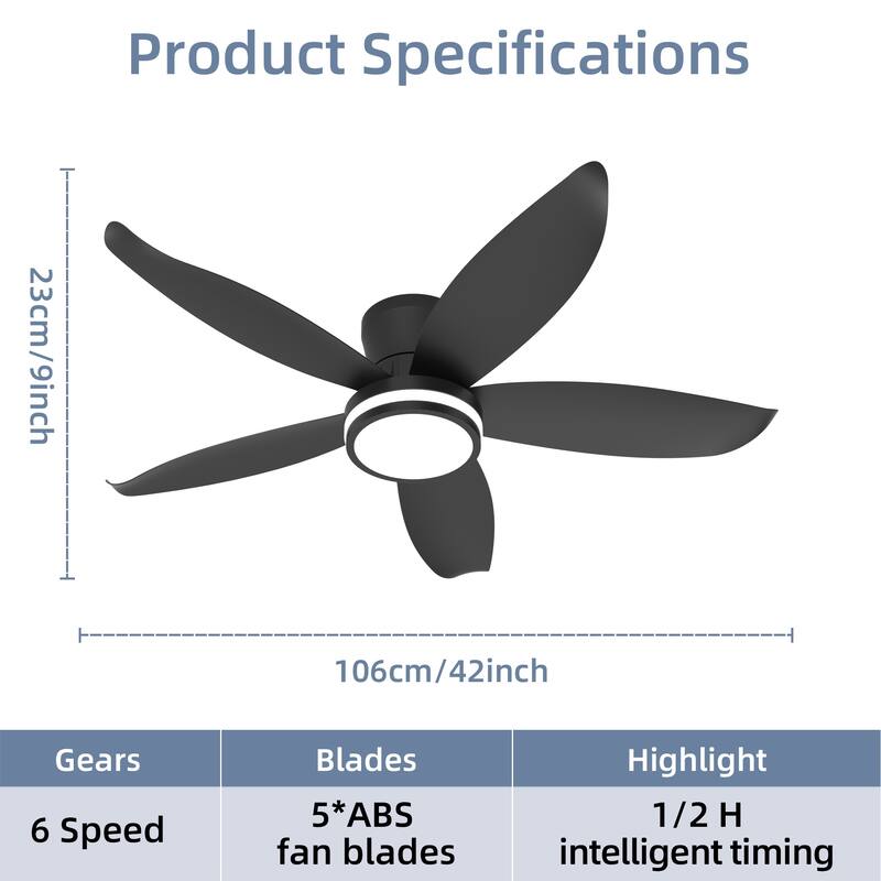 42-inch 5-blade high-airflow easy-install plug-in ABS blade ceiling fan light - Black