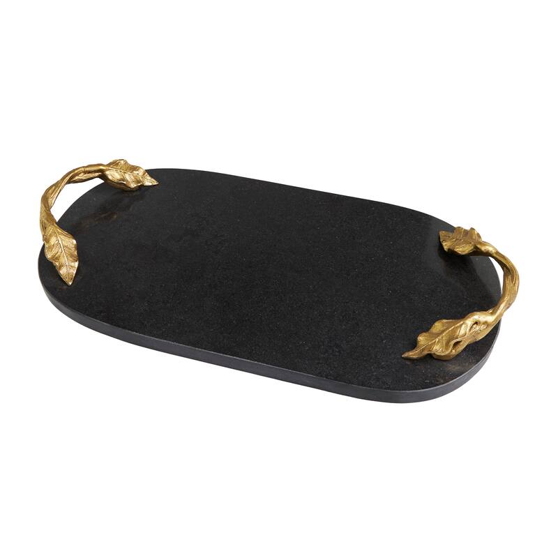 Black Marble Oval or Rectangle Tray with Gold Leaf Handles - Black - Oval