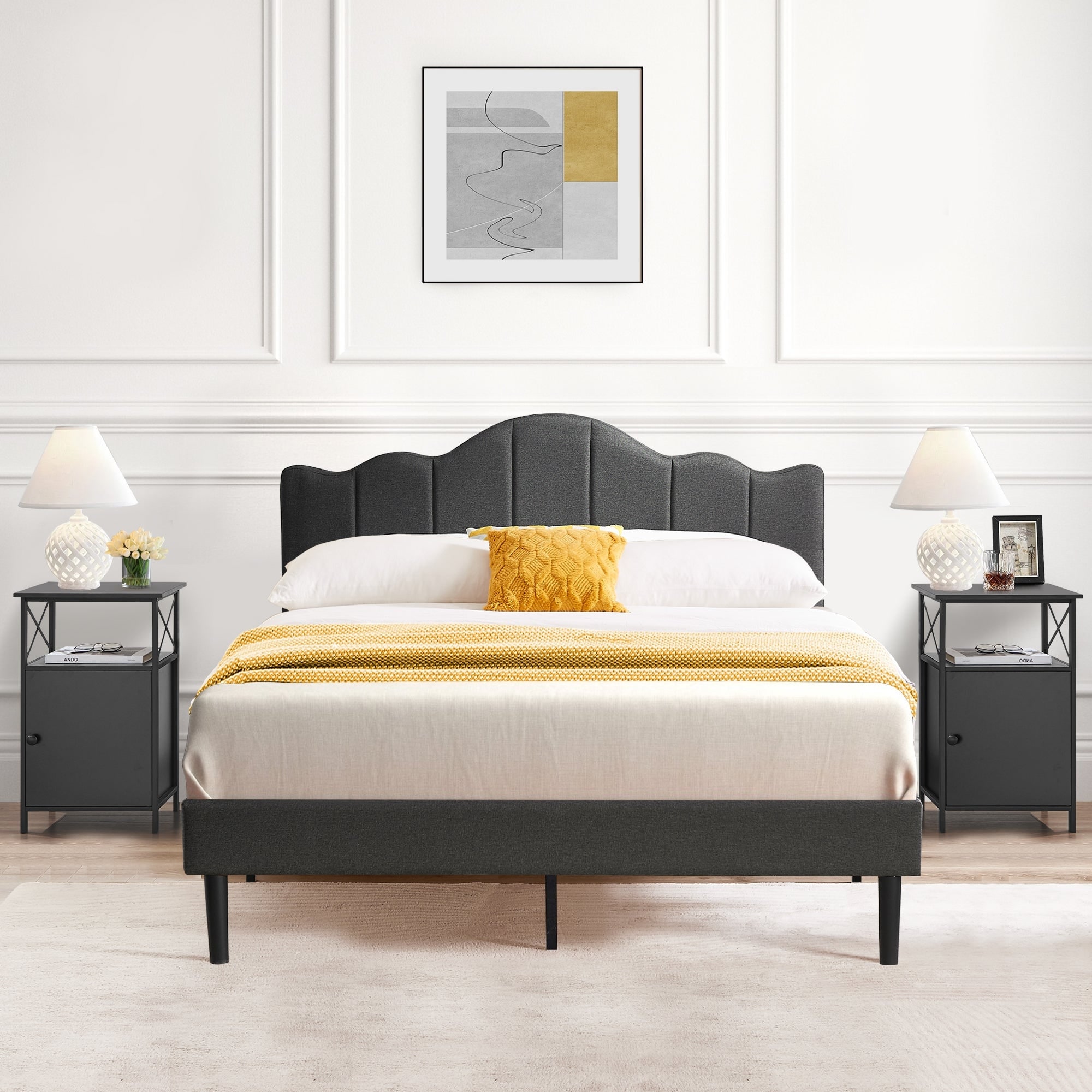 VECELO Modern Bedroom Set of 3 with Height Adjustable Upholstered Bed and Nightstands Set of 2