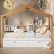 preview thumbnail 1 of 8, Twin Size Wooden House Bed with Two Drawers & Bookshelf Storage, White & Natural Wood Frame for Kids & Guest Rooms