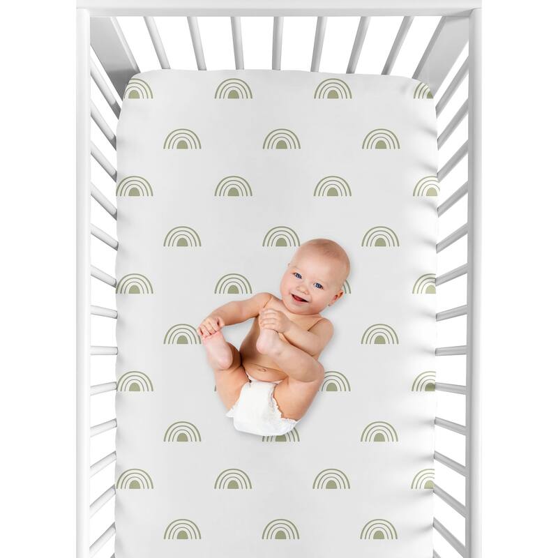 White and Sage Boho Rainbow Collection Boy Girl Fitted Crib Sheet - Green Bohemian Celestial Sky Gender Neutral Outdoors Nature