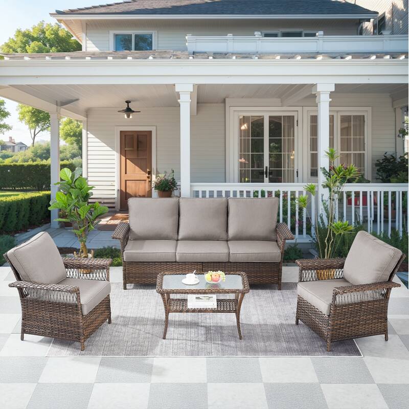 Pocassy Outdoor Swivel Chairs with Sofa Chair Ottoman and Table Set - Brown Wicker Gray Cushion - 4-Piece Patio Sofa Patio Chair with Table