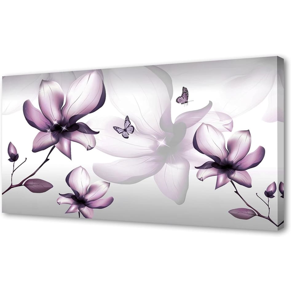 Purple Magnolia with Butterfly Flower Canvas Wall Art