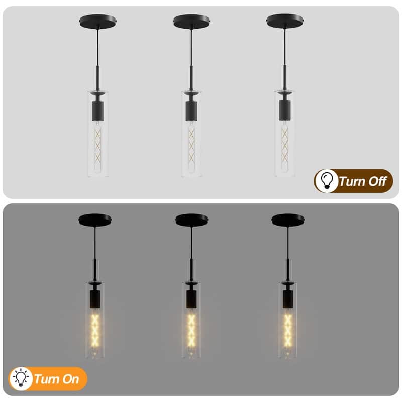 Modern Black Glass Pendant Lights (Set of 3) Adjustable for Kitchen, Dining & Living Areas (No Bulbs)