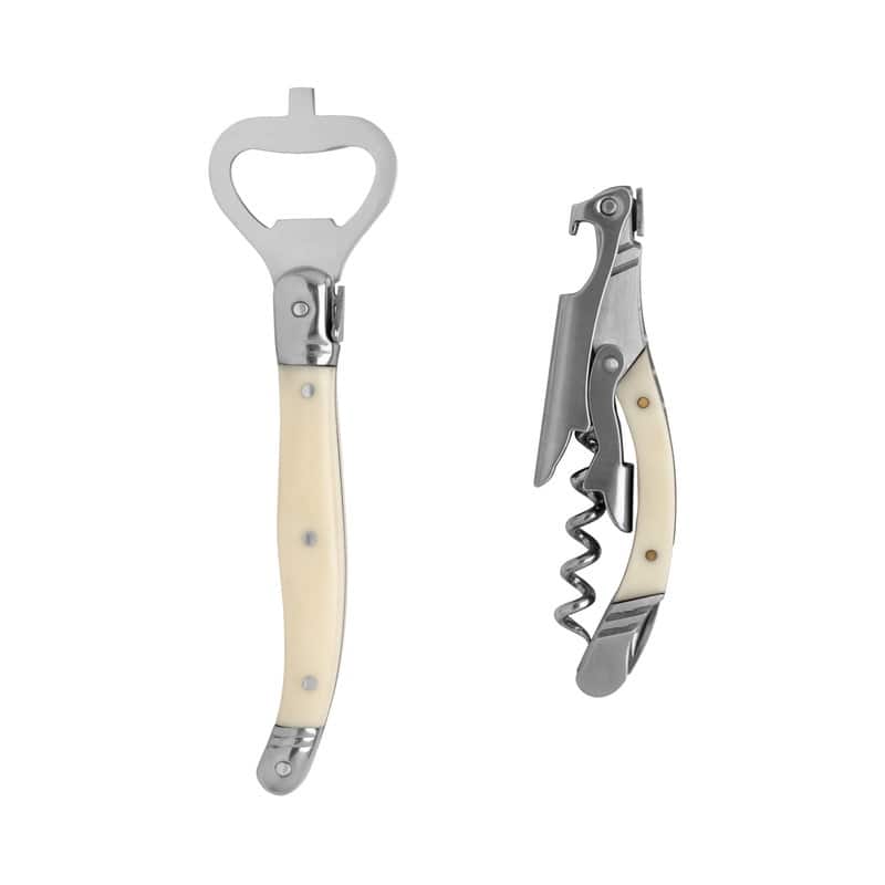 French Home Laguiole Barware Bottle Opener & Corkscrew Set with Faux Ivory Handles - N/A