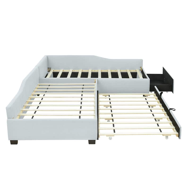 Beige Upholstered Twin Daybed with Trundle and Drawer for Extra Sleeping Space