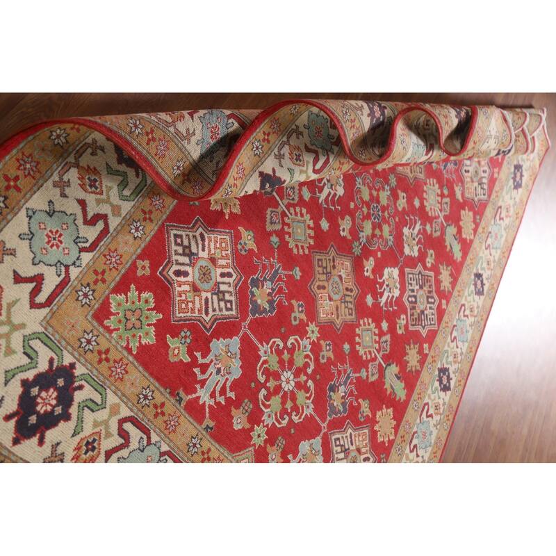 Hand Knotted Oriental 100% Wool Carpet Traditional All-Over Red Kazak Area Rug - 9' 6'' X 6' 8''