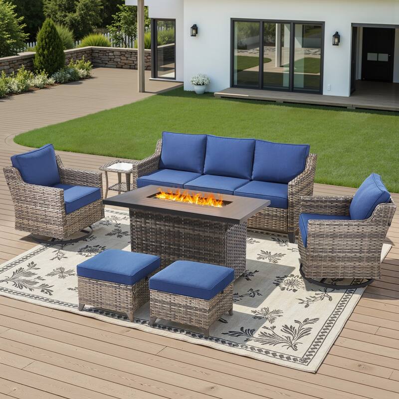 Glissia 7-Piece Gray Wicker Fire Pit Conversation Set with height-adjustable fire pit