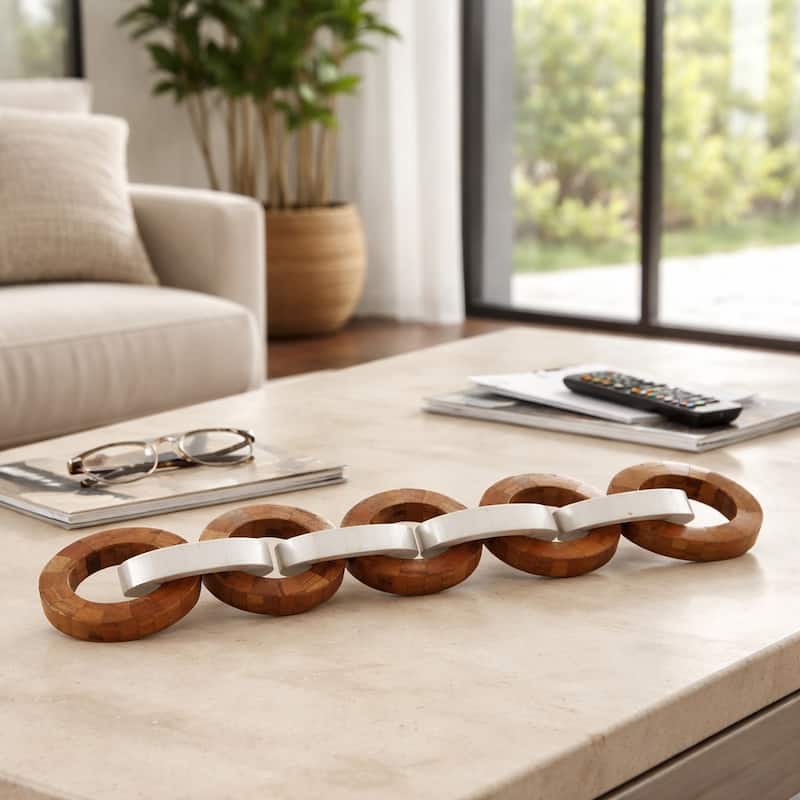Decorative Wood and Resin Chain Link Sculpture - 23", Ivory & Brown - 23.0"