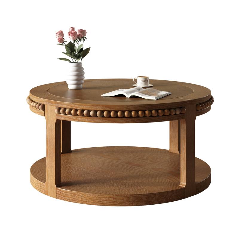 31.5 Inch Round Solid Wood Coffee Table for Living Room
