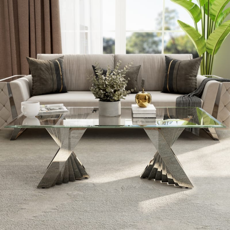 Clear Tempered Glass Coffee Table with Silver Stainless Steel Base for Living Room - Silver - Glass