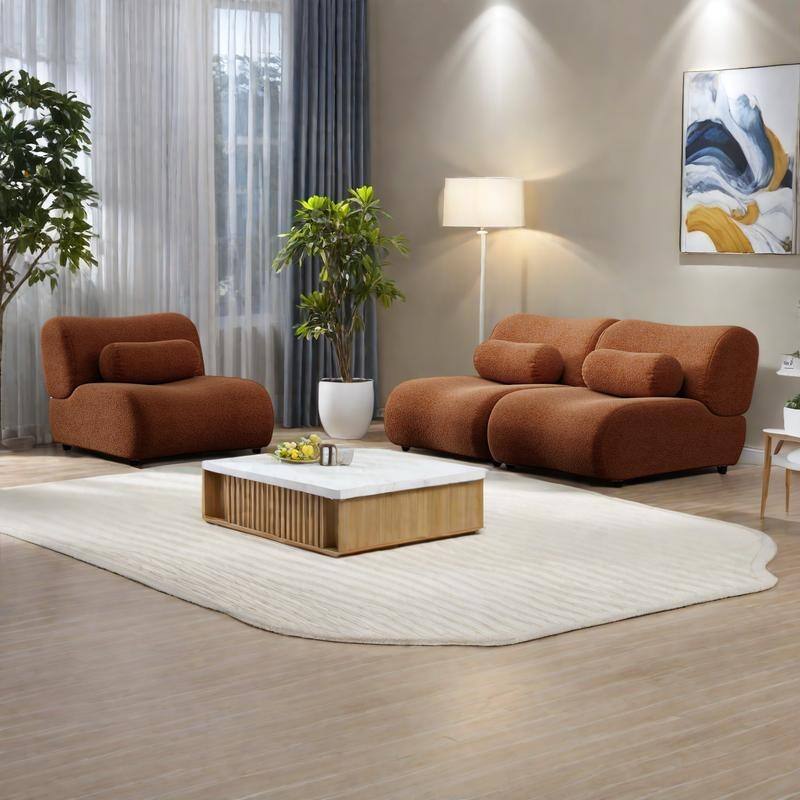 Chenille Modular 3-Seater Sectional Sofa Set with Cylindrical Pillows and Curved Design - Orange