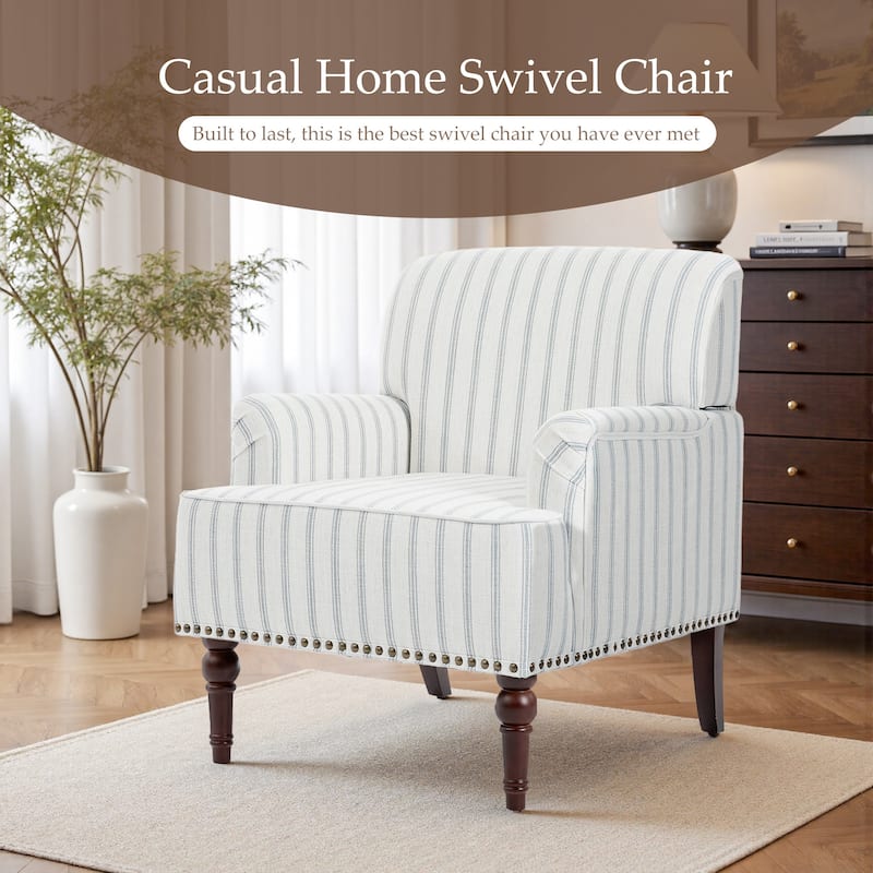 Set 2 Striped Upholstered Linen Armchair with Brass Nailhead Trim