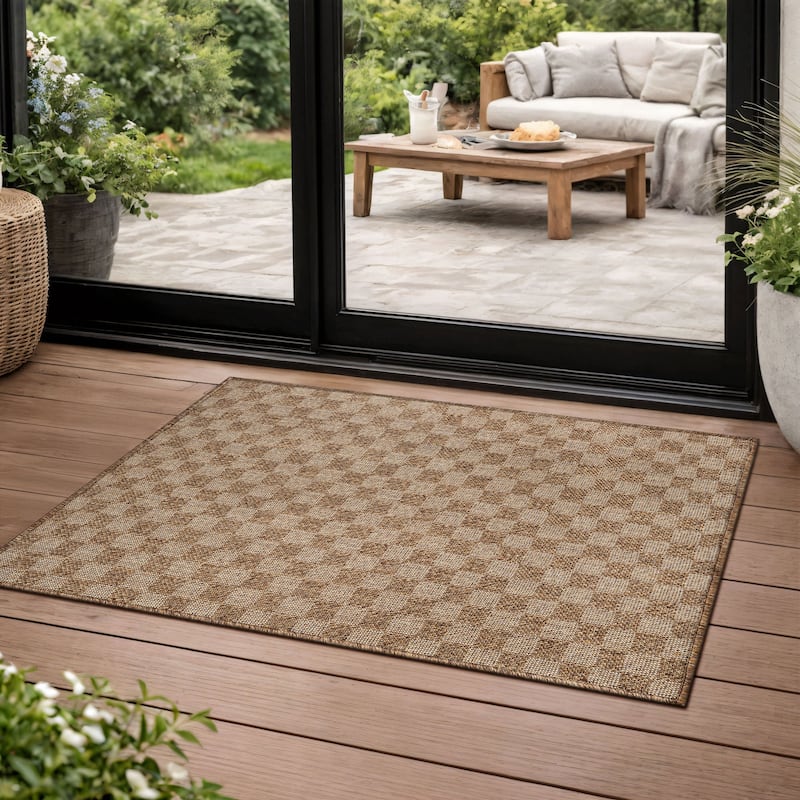 World Rug Gallery Checkered Indoor/Outdoor Flat Woven Area Rug - 2' x 3' - Sand
