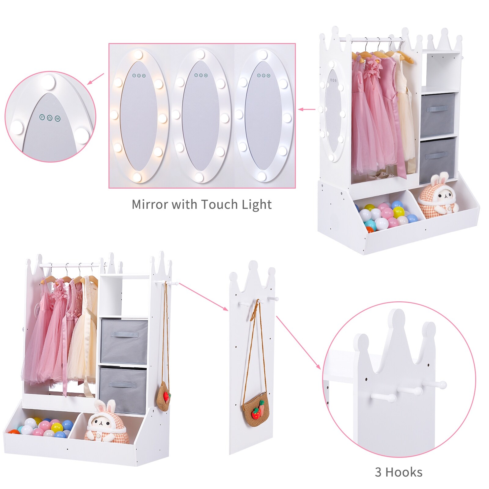 Girls Dress Up Storage with Light Mirror Kids Clothing Rack