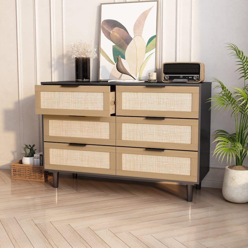 6 Drawer Rattan Bedroom Dresser, Wooden Wide Dresser, Clothes Storage Cabinet with Solid Wood Legs and Rattan Drawer