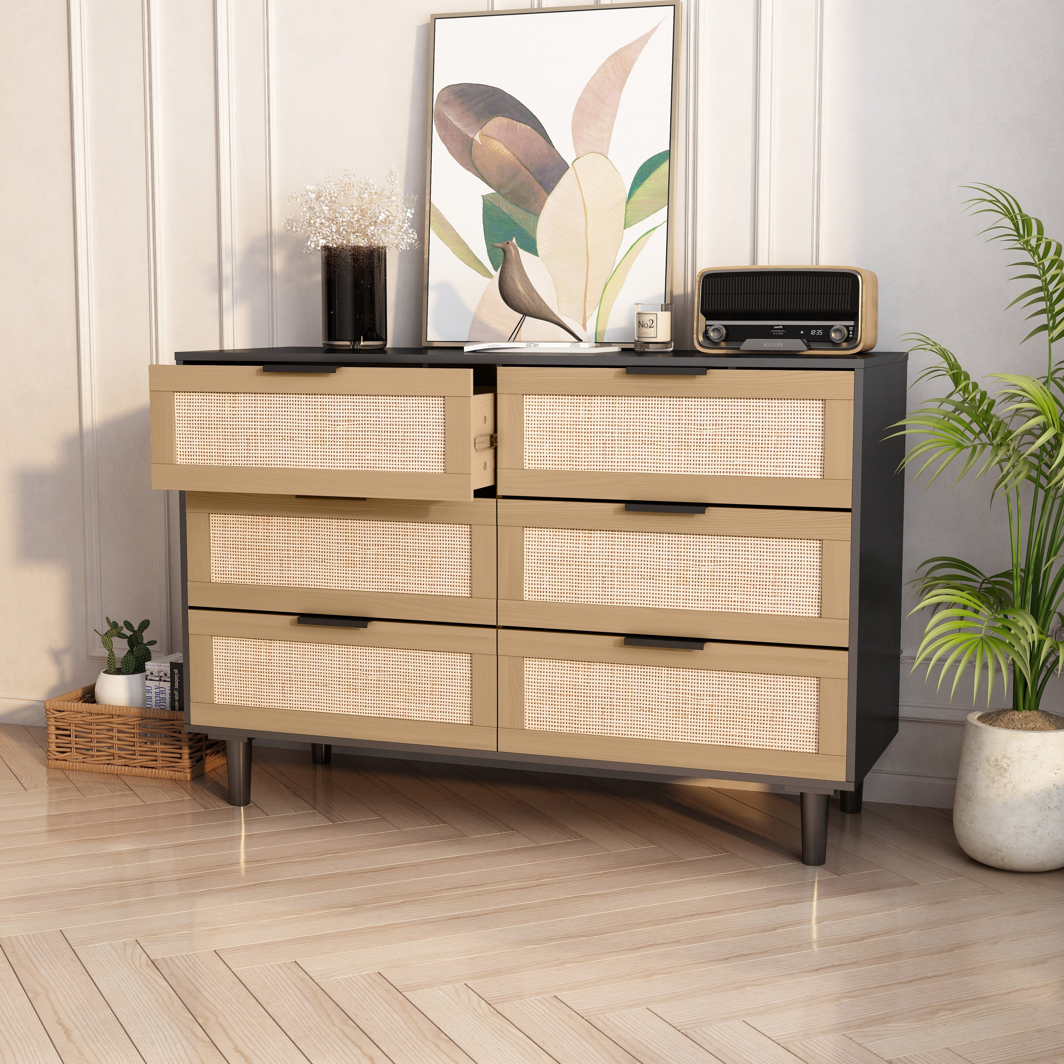 black and rattan dresser YODOLLA 6-Drawer Wicker Dresser – Rattan Storage with Natural Wood, Black main image 0