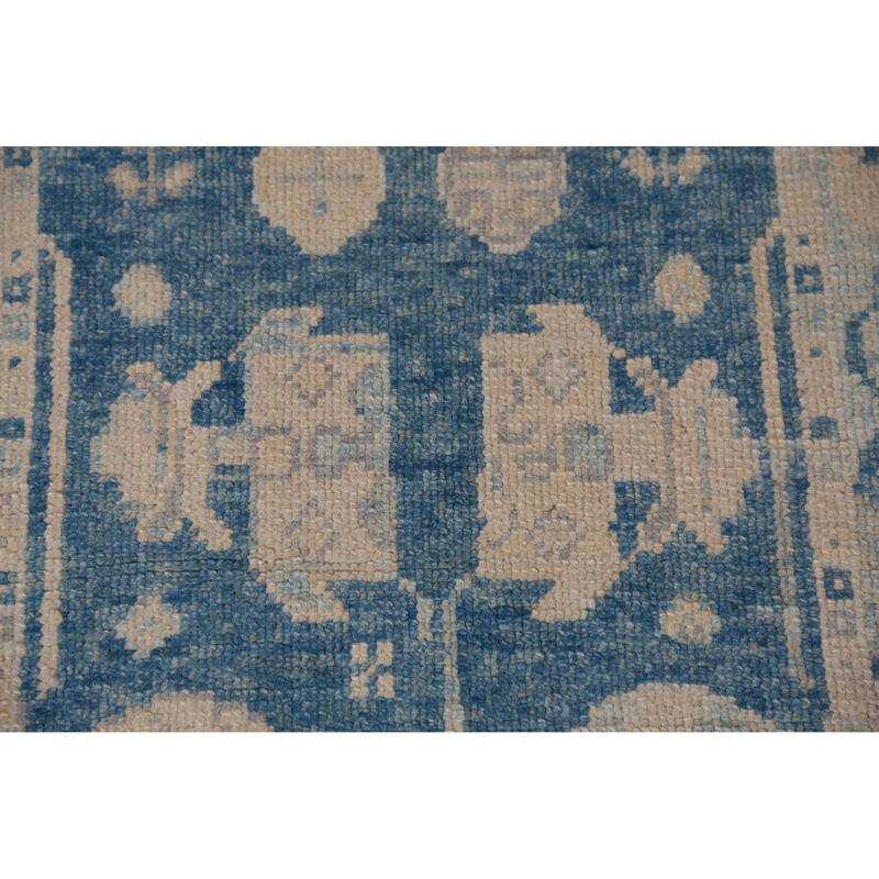 Hand Knotted Oriental 100% Wool Carpet Transitional Geometric Navy Blue & Blues Oushak Runner Rug - 15' 2'' X 2' 10''